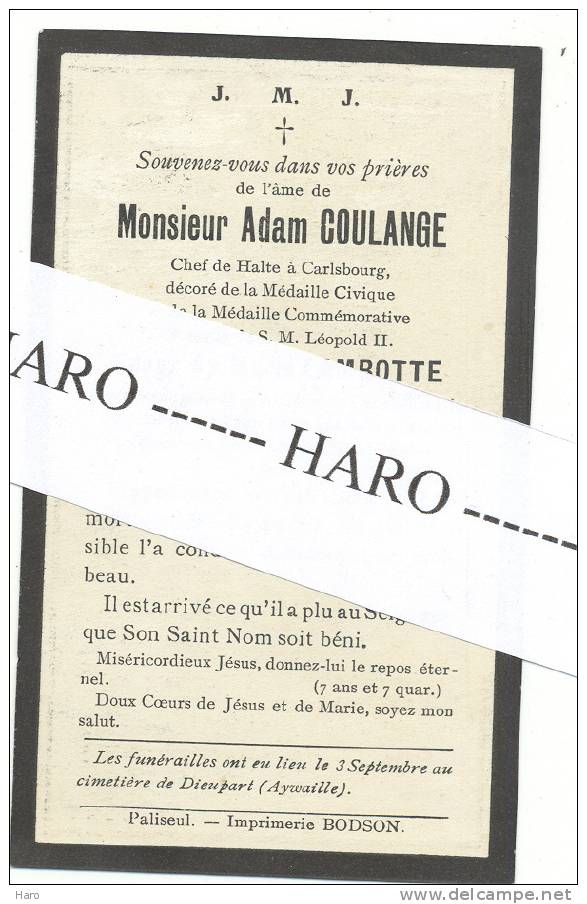 Faire-part De Décès De Adam COULANGE1920 -  Chef De Halte Gare De Carlsbourg - Aywaille - Dieupart (sf36) - Other & Unclassified