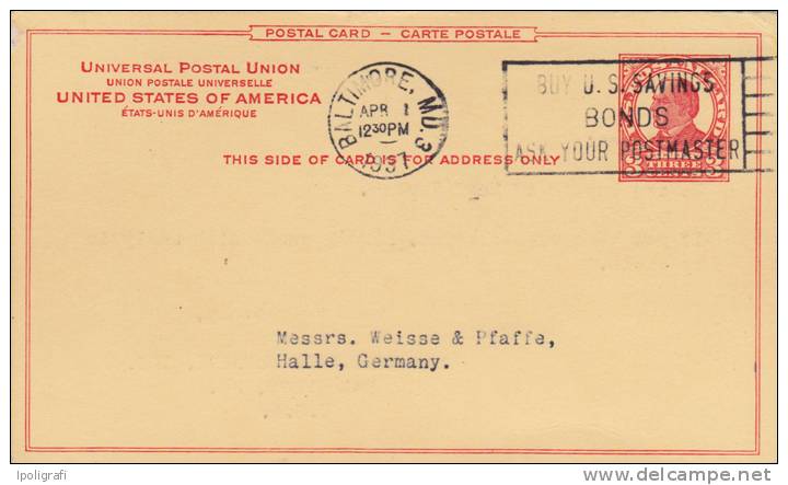 USA - 1937 - Postal Card - McKinley 3 C. - Baltimore To Germany 1-4-37 - 1921-40