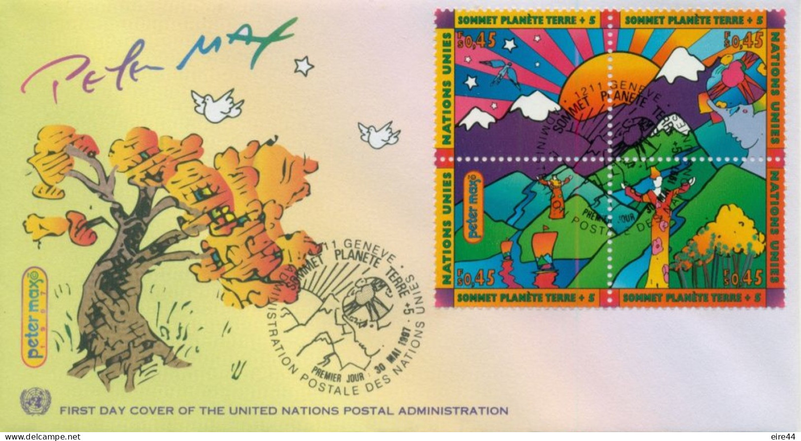 United Nations Switzerland 1997 FDC  Block 4 Summit Earth  Peter Max - FDC