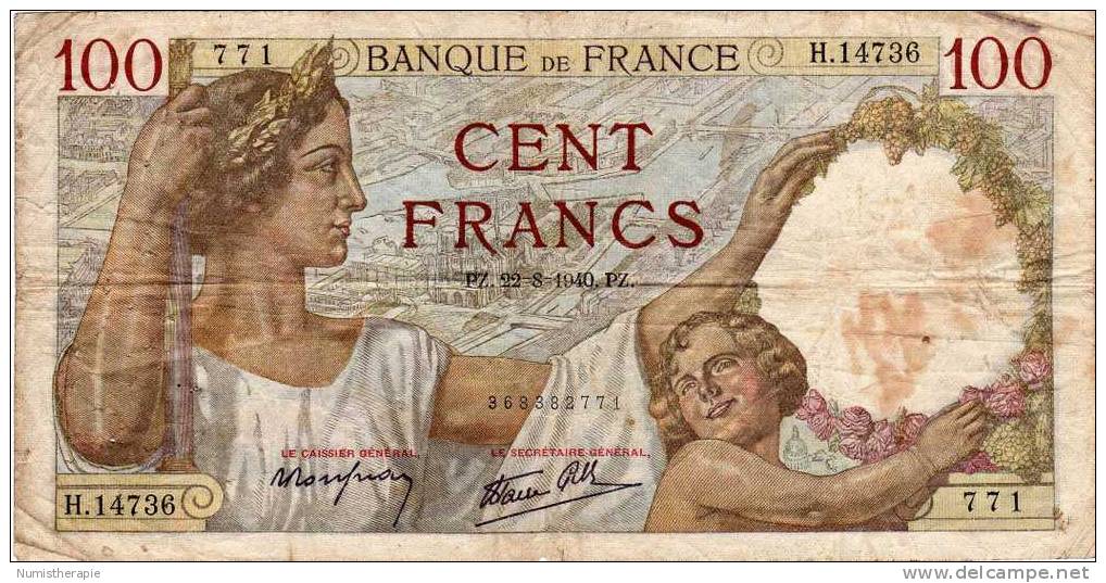France : 100 Francs CENT FRANCS : PZ 22=8=1940 - 100 F 1939-1942 ''Sully''