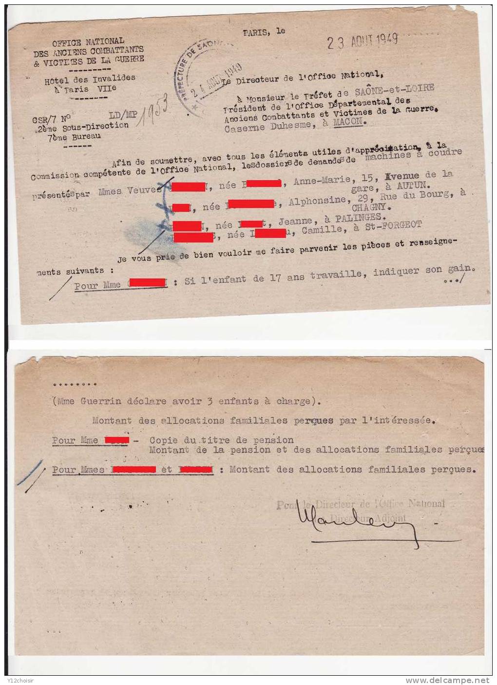 LETTRE AOUT 1949 DEMANDE DOSSIERS MACHINE A COUDRE AUX VEUVES DE GUERRE OFFICE ANCIENS COMBATTANTS MILITARIA - Documenti Storici