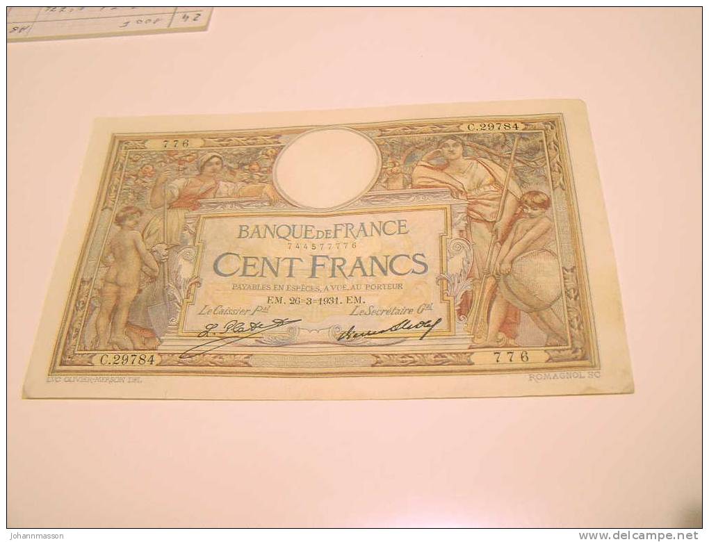 Billet De 100 Francs Du 26 - 3 - 1931  Dans L état  Numéro 744577776 - 100 F 1908-1939 ''Luc Olivier Merson''