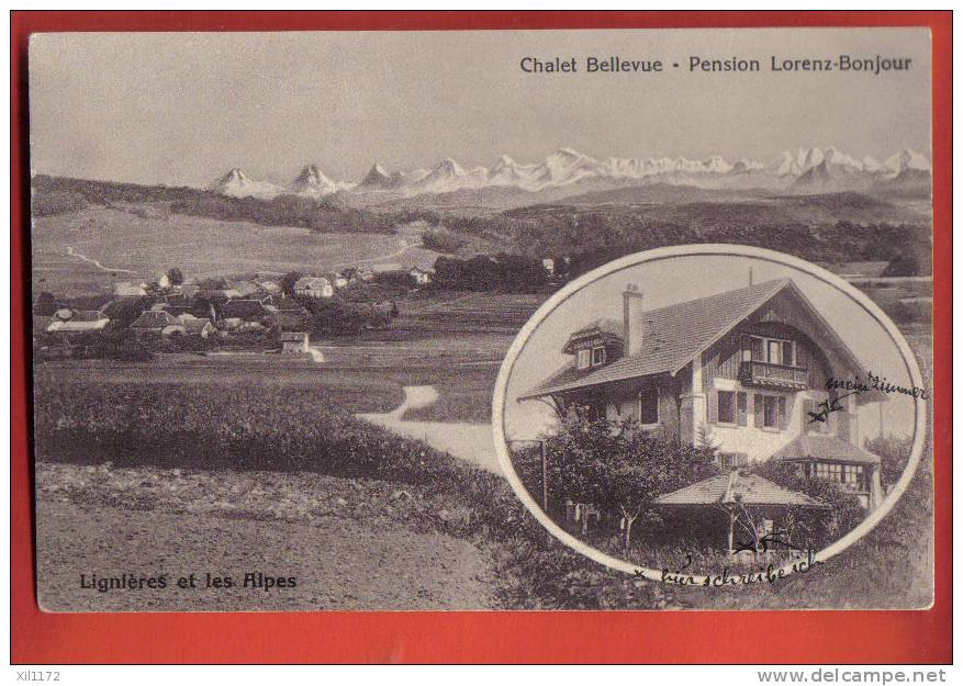 G1129 Lignières Et Les Alpes,en Médaillon Chalet Bellevue,Pension Lorenz-Bonjour.Cachet 1921 Vers Neuveville.Phototypie - Lignières