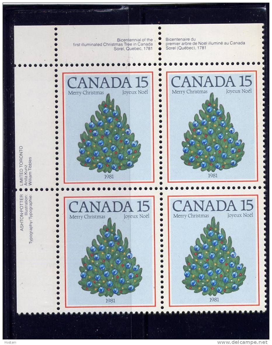 CANADA 1981, # 902, CHRISTMAS: TREES 1981, UL BLOCK  MNH - Blocks & Sheetlets