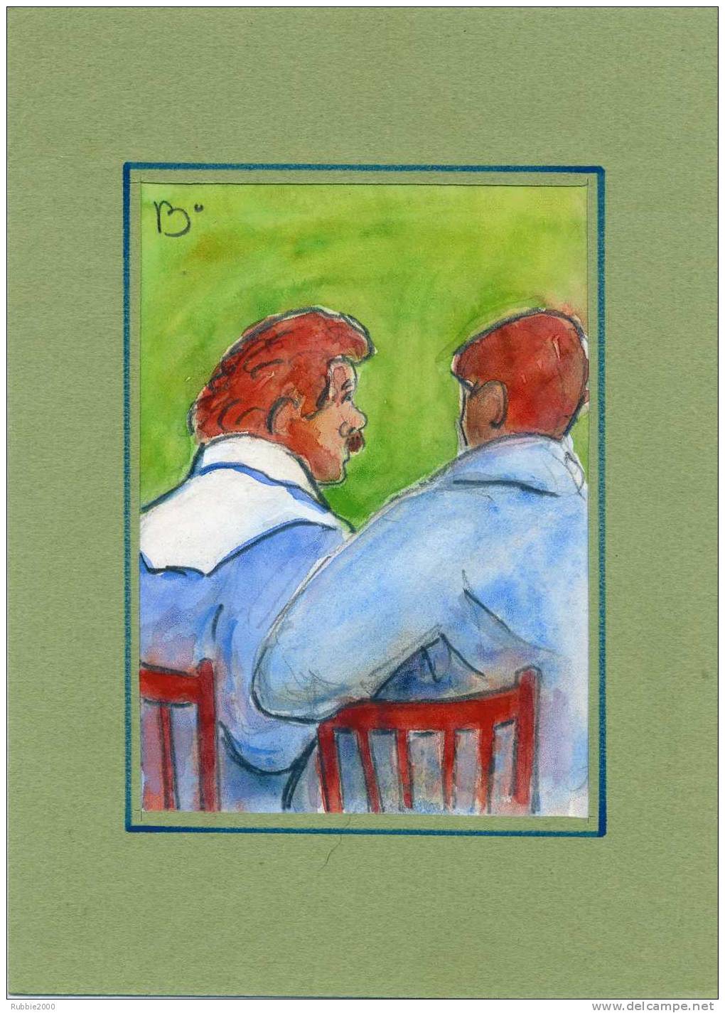 GOUACHE ET CRAYON SUR CANSON TITRE REMALARD AU CAFE DU COMMERCE SIGNATURE BO NUMERO 39 - Gouaches