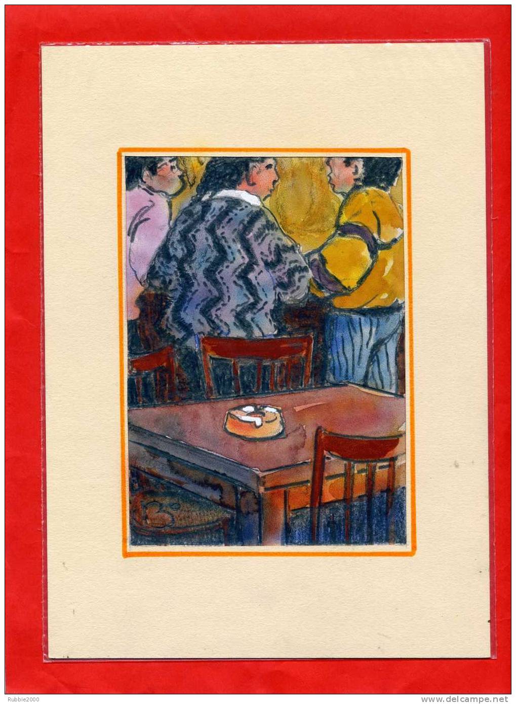 GOUACHE ET CRAYON SUR CANSON TITRE REMALARD AU CAFE DU COMMERCE SIGNATURE BO NUMERO 55 - Gouaches