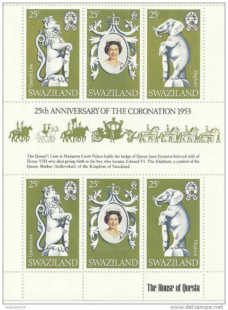 SWAZILAND   -1978 - 5 Pieces QUEEN ELISABETH II CORONATION 1953-1978 SOUVENIR SHEET WITH 6 STAMPS EACH OF 25 CENTS - Swaziland (1968-...)