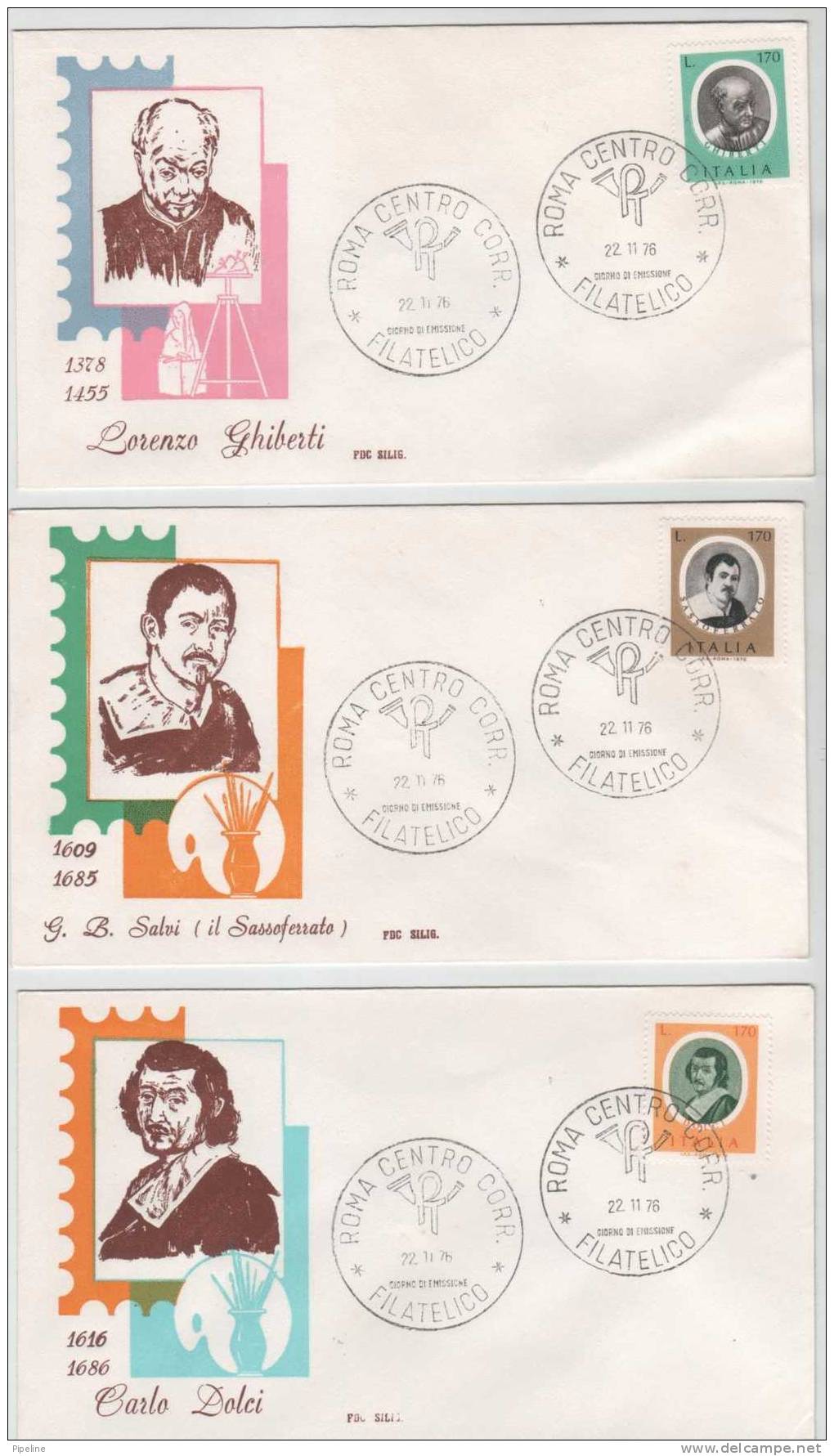 Italy FDC Roma 22-11-1976 Famous Artists Complete Set On 5 Covers With Cachet - FDC