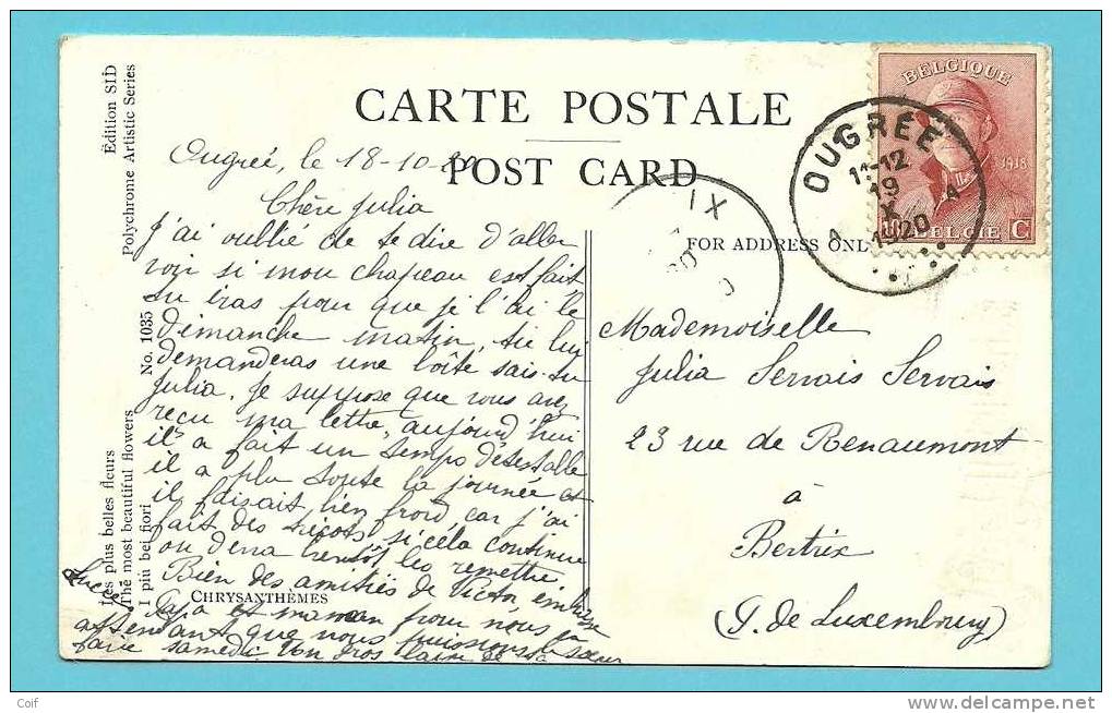 168 Op Kaart Met Cirkelstempel OUGREE - 1919-1920 Roi Casqué