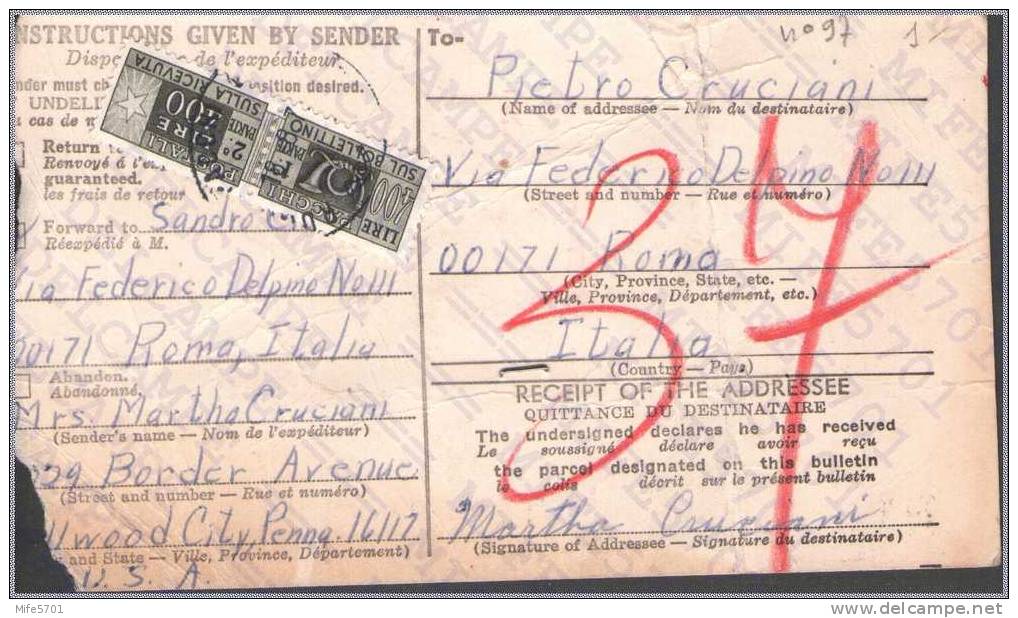 DISPATCH NOTE: AFFRANCATURA CON L. 200 PACCHI - 1955 NUM. CATALOGO: 97 - ANNULLO: ELLWOOD CITY. PA. - MAY 31 1972 - Postal Parcels