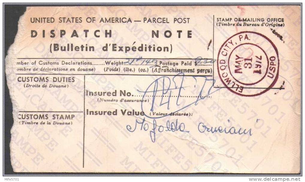 DISPATCH NOTE: AFFRANCATURA CON L. 200 PACCHI - 1955 NUM. CATALOGO: 97 - ANNULLO: ELLWOOD CITY. PA. - MAY 31 1972 - Postal Parcels