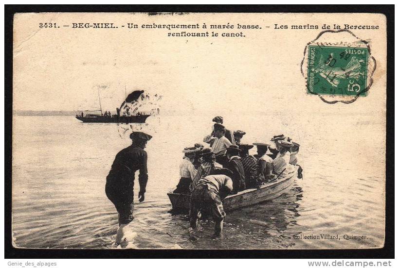 29 - BEG MIEL, Embarquement Marée Basse, Marins De La Berceuse Renflouant Le Canot, Coll.Villard 3431, Voyagé 1911, - Beg Meil