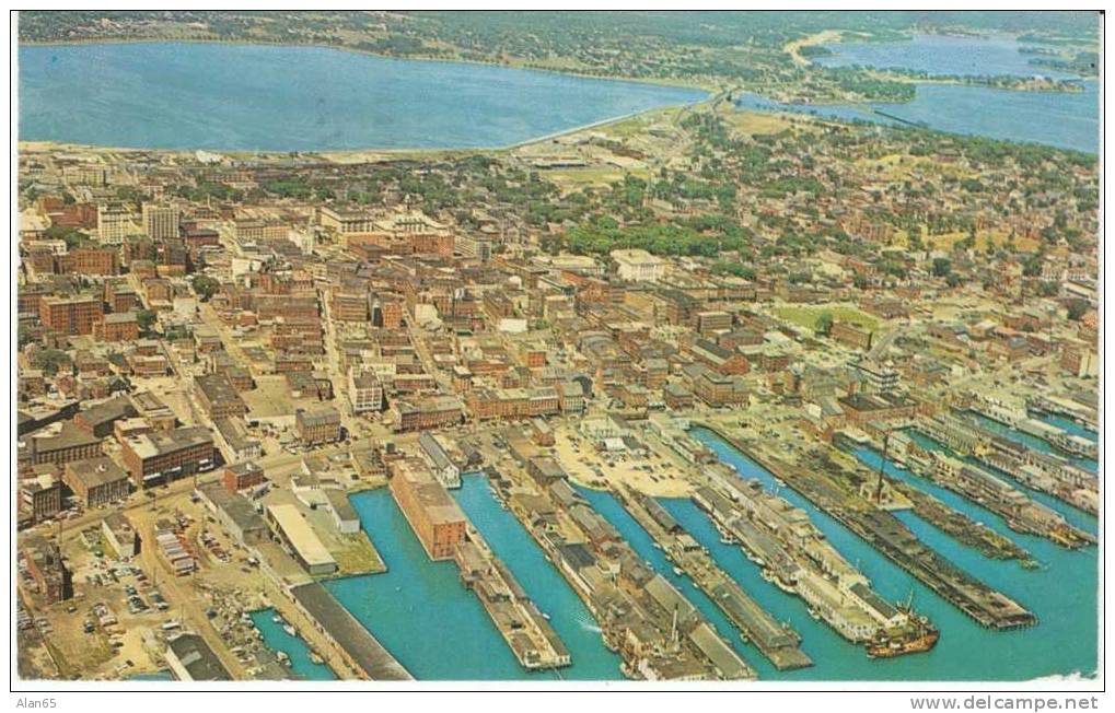 Portland ME Maine, Aerial View Of City And Harbor On C1950s/60s Vintage Postcard - Portland