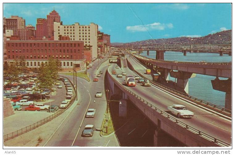 Pittsburgh PA Pennsylvania, Pitt Boulevard, C1950s/60s Vintage Postcard, Street Scene Viaduct, Autos Truck - Pittsburgh