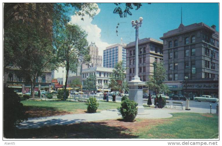 El Paso TX Texas, San Jacinto Plaza, Animated Street Scene C1950s Vintage Postcard, Autos, Stores Signs - El Paso