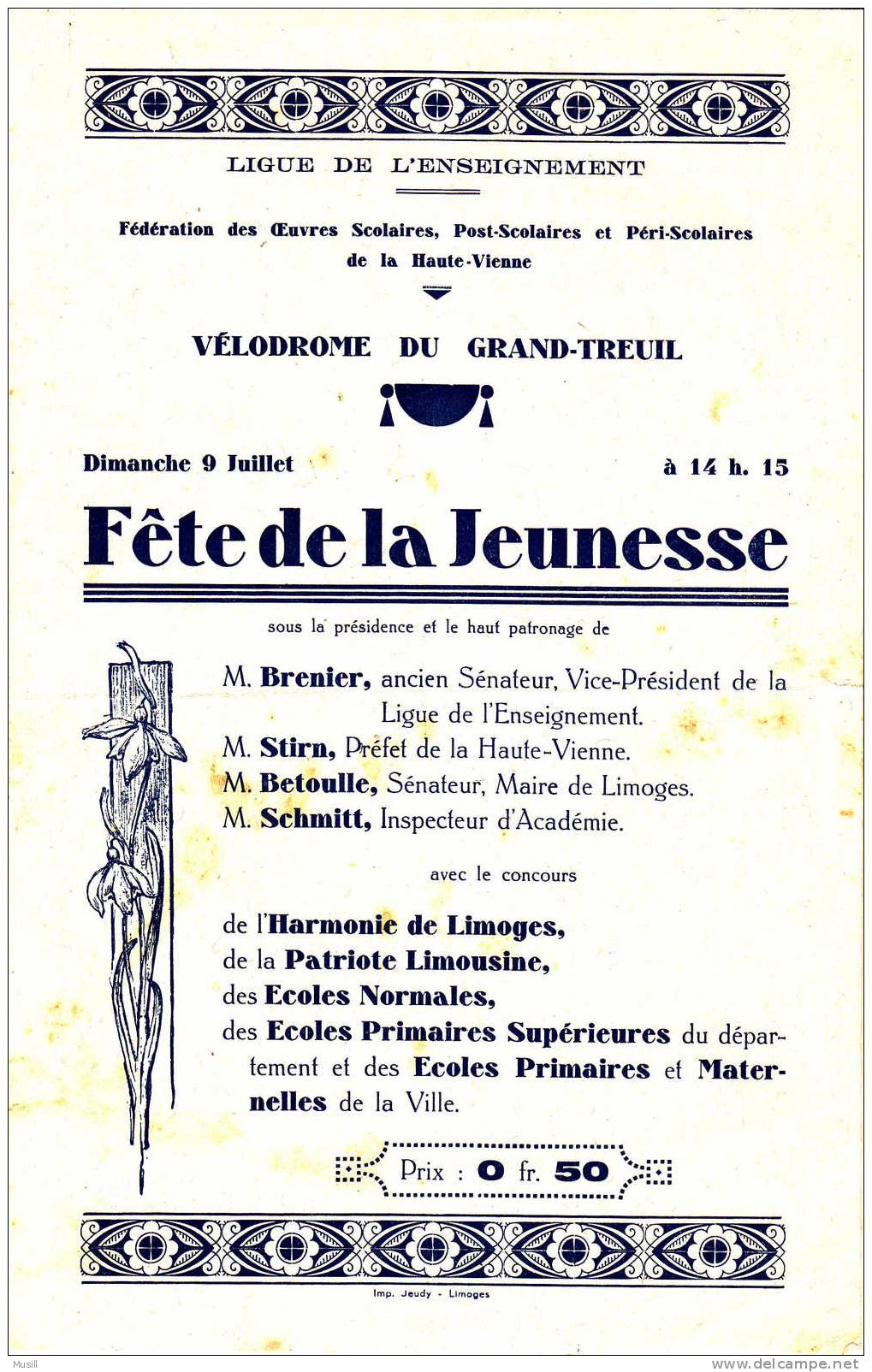 Fête De La Jeunesse. Limoges. Vélodrome Du Grand Treuil. - Programmes