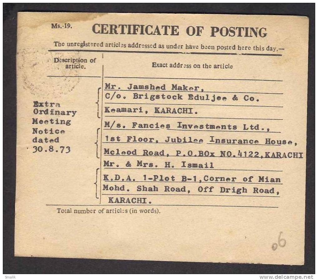 Pakistan Postal History, Certificate Of Posting 3-9-1973 [06] - Pakistan