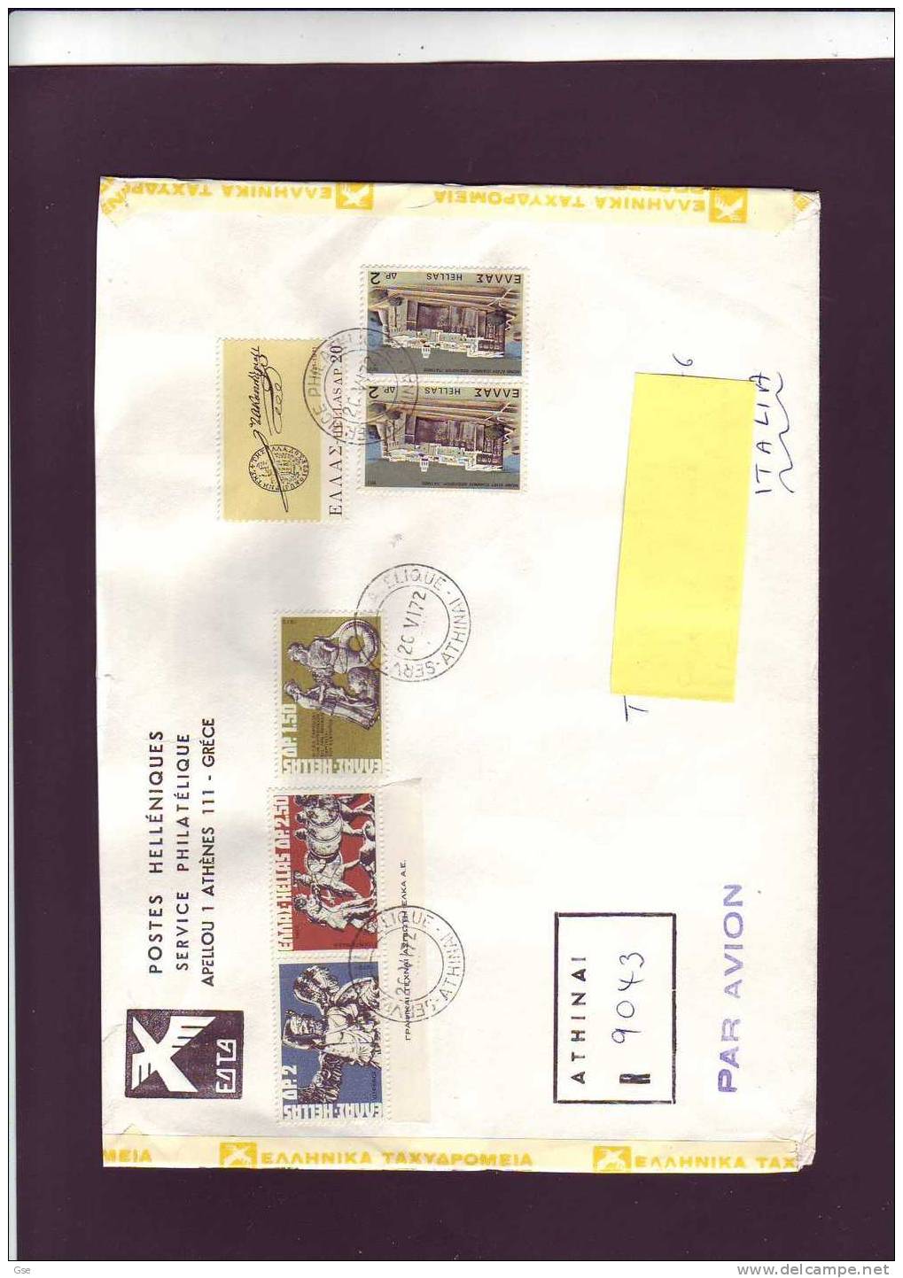 GRECIA  1971 - Raccomandata  Per Italia - Yvert  1068-1065-1088-1089-1090 - Lettres & Documents