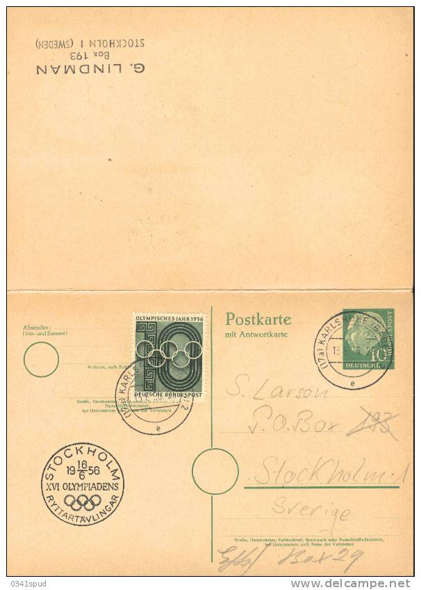 Jeux Olympiques 1956 Sverige  Hippisme Sur Entier Postal Allemagne - Summer 1956: Melbourne