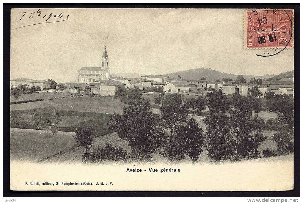 CPA  ANCIENNE- FRANCE- AVEIZE (69)- VUE GENERALE DU VILLAGE- L'EGLISE- LES CULTURES DEVANT - Andere & Zonder Classificatie