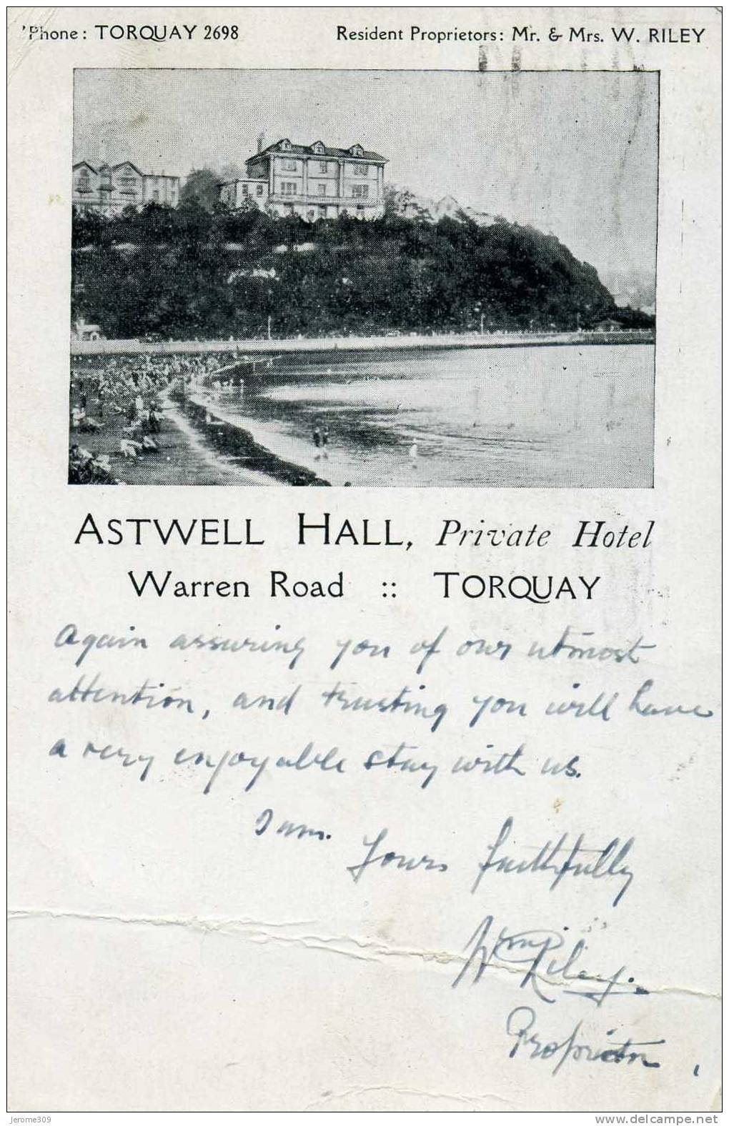 ROYAUME-UNI - TORQUAY - CPA - ASTWELL HALL, Private Hotel-Warren Road-Torquay - Resident Proprietors: Mr & Mrs W. RILEY - Torquay