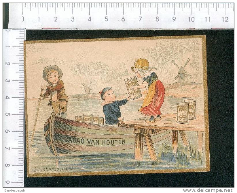 Van Houten Weesp Paris Jolie Chromo Contour Doré  Enfant Hollande Barque Moulin Chargement Cacao  Ponton - Van Houten