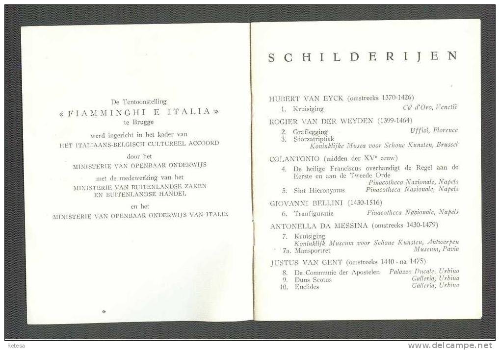 BOEKJE TENTOONSTELLING " FIAMMINGHI E ITALIA " STEDELIJK MUSEUM BRUGGE  1951 - 16 BLZ - Programas