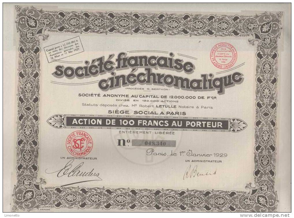 Ste Francaise Cinéchromatique  Paris - Actions De 100 Frs De 1929 -  Lot De 50 Titres - - Cinéma & Théatre