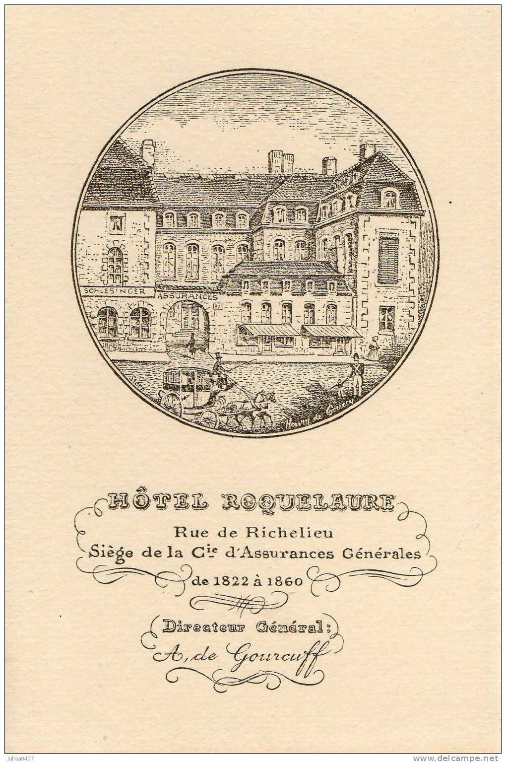 PARIS Rue De Richelieu Carte Illustrée Publicitaire Cie D'Assurance Générale - Arrondissement: 01