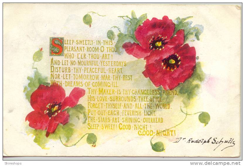 Dr Rudolph Schulz Schutly Poem Sleep Sweetly In This Pleasant Room Poppy Poppies Red 1907 - Schulze, Hans Rudolf