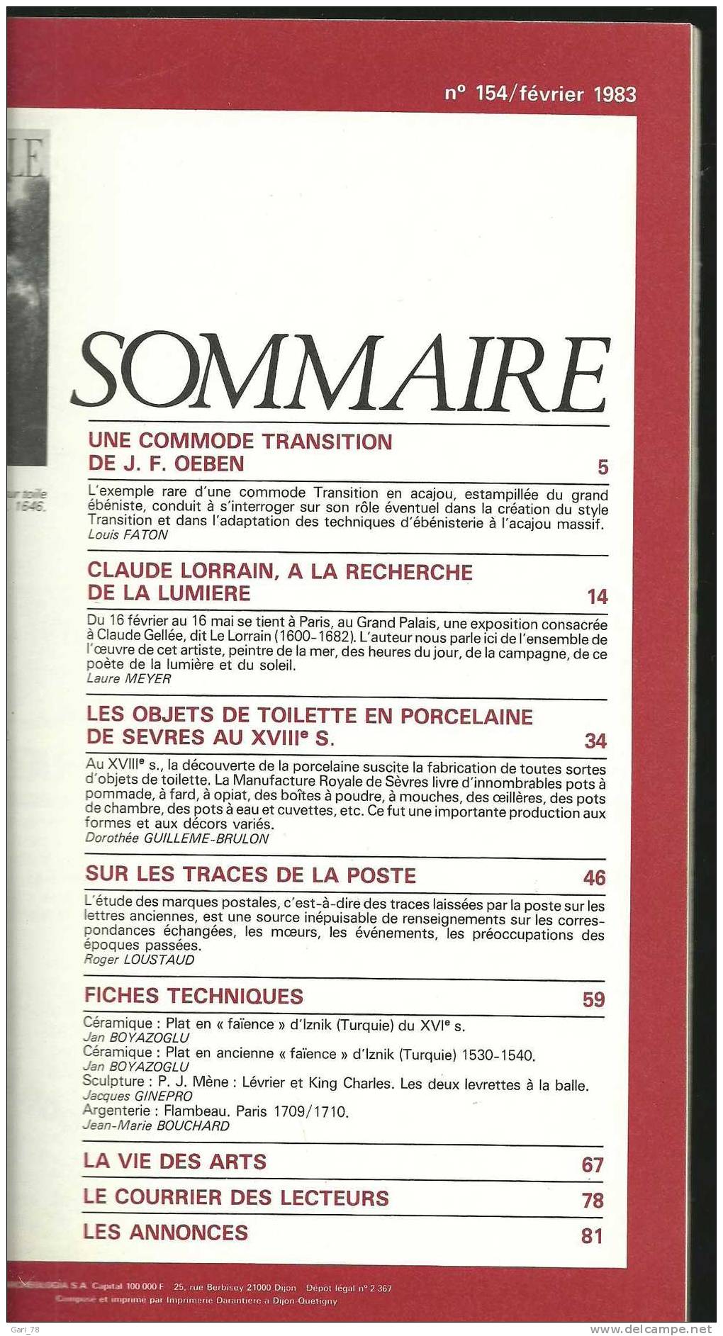 L'ESTAMPILLE  N° 154 Février 1983 Spécial Claude LORRAIN, Une Commode De Oeben, Objets De Toilette De Sèvres - Trödler & Sammler