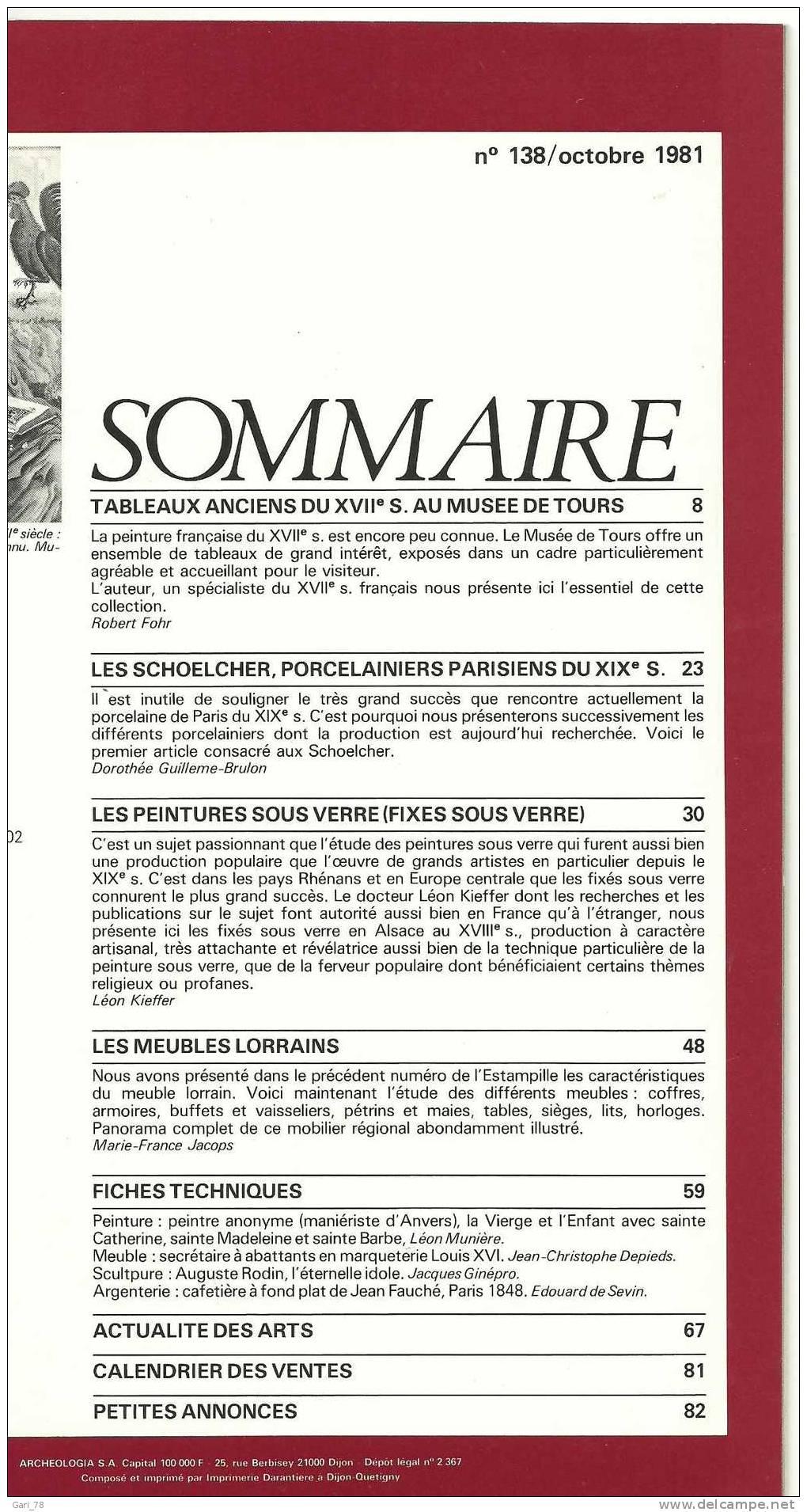 L'ESTAMPILLE  N° 138 Octobre 1981 Peintures Sous Verre/ Les Meubles Lorrains* Porcelaines Parisiennes Du 19e Siècle - Verzamelaars