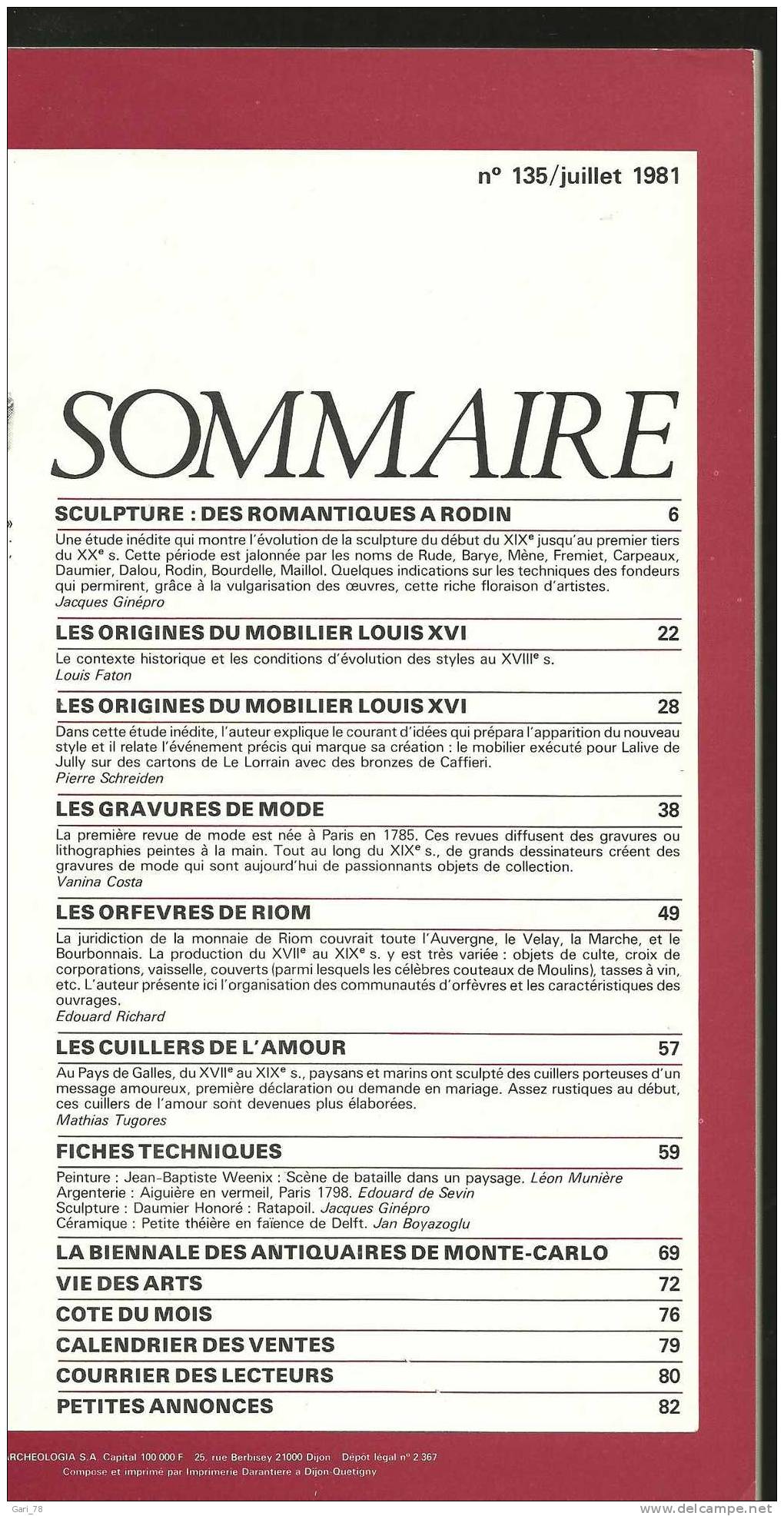 L'ESTAMPILLE N°135 De Juillet 1981 La Création Du Style Louis XVI / Sculpture Des Romantiques à Rodin - Brocantes & Collections