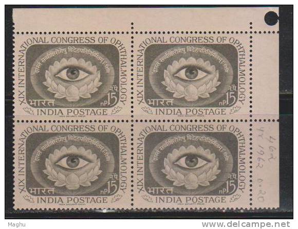 India 1962 MNH, Block Of 4, Inter., Congress Of Opthalmology, Eyes, Health, Organ, Disease, - Blokken & Velletjes