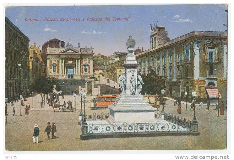 CATANIA Piazza Stesicorea Palazzo Tribunali Colori ANIMATA TRAM C. 1910 - Catania