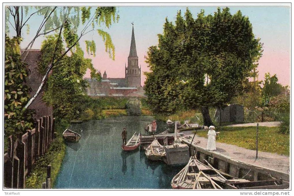 Stettin Altdamm Partie An Der Ploene Mit Blick Zur Evangelischen Kirche Wasserglanzeffekt Mode Belebt Color Dabie 1915 - Pommern