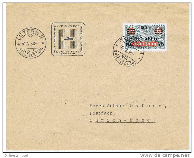 Switserland 1938 Pro Aero Letter With Michel Nr 325 And Sonderflug Swissair - Eerste Vluchten