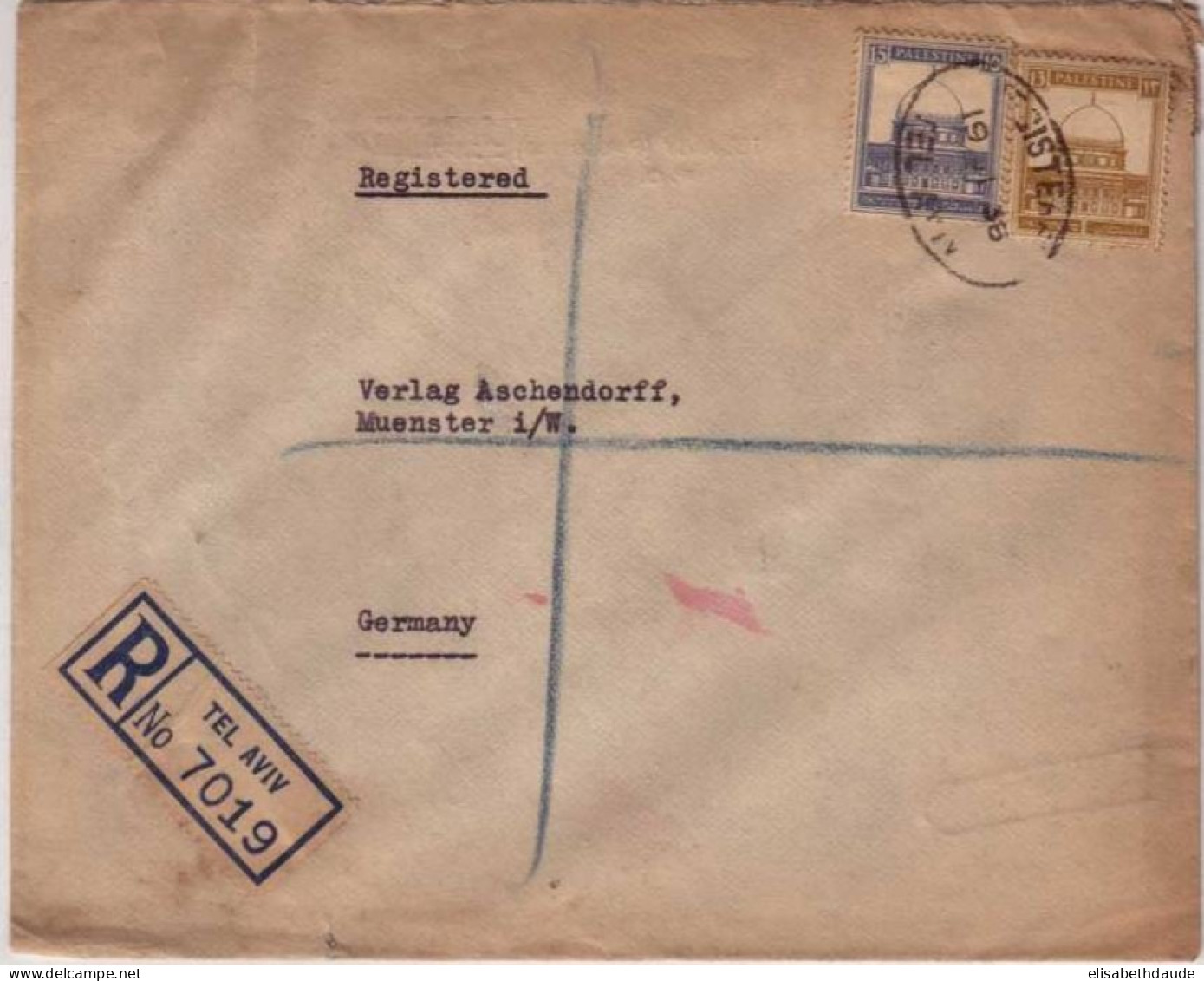 PALESTINE MANDAT BRITANNIQUE- 1938 - LETTRE RECOMMANDEE De TEL AVIV Pour Münster (WESTPHALIE) - VIGNETTE Au DOS - Palestine