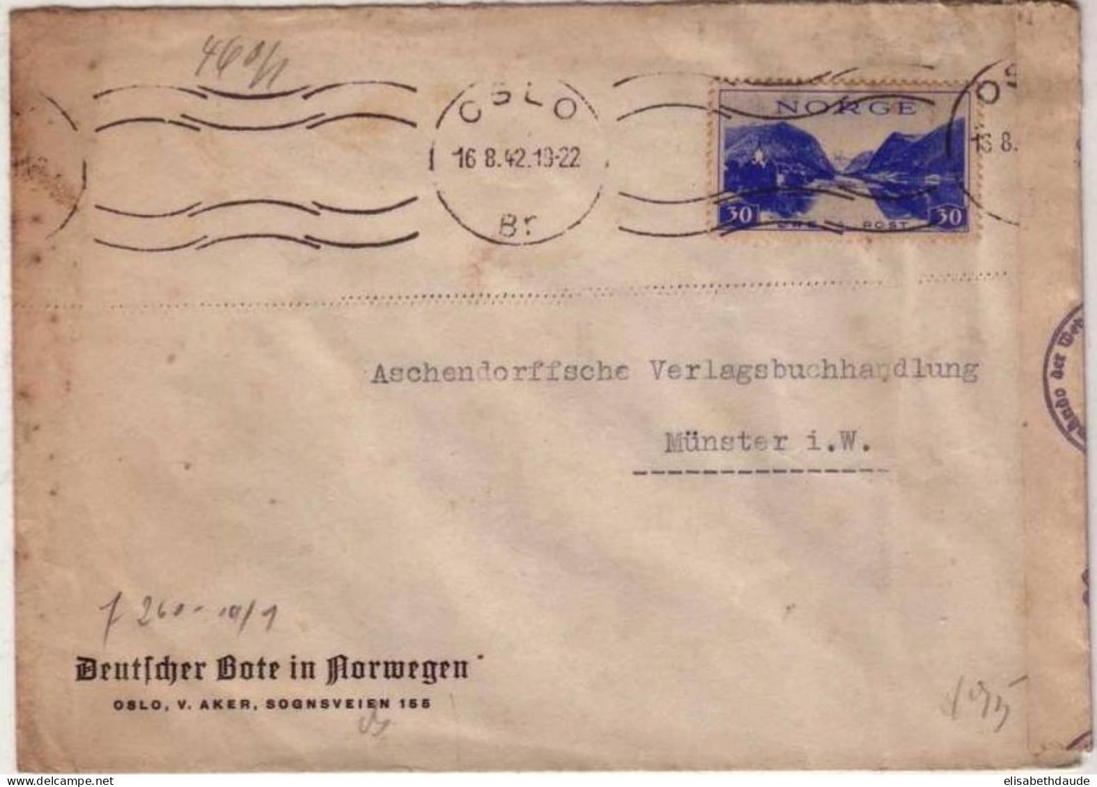 NORGE - 1942 - YVERT N°192 Seul Sur LETTRE CENSUREE De OSLO Pour Münster (WESTPHALIE) - Lettres & Documents