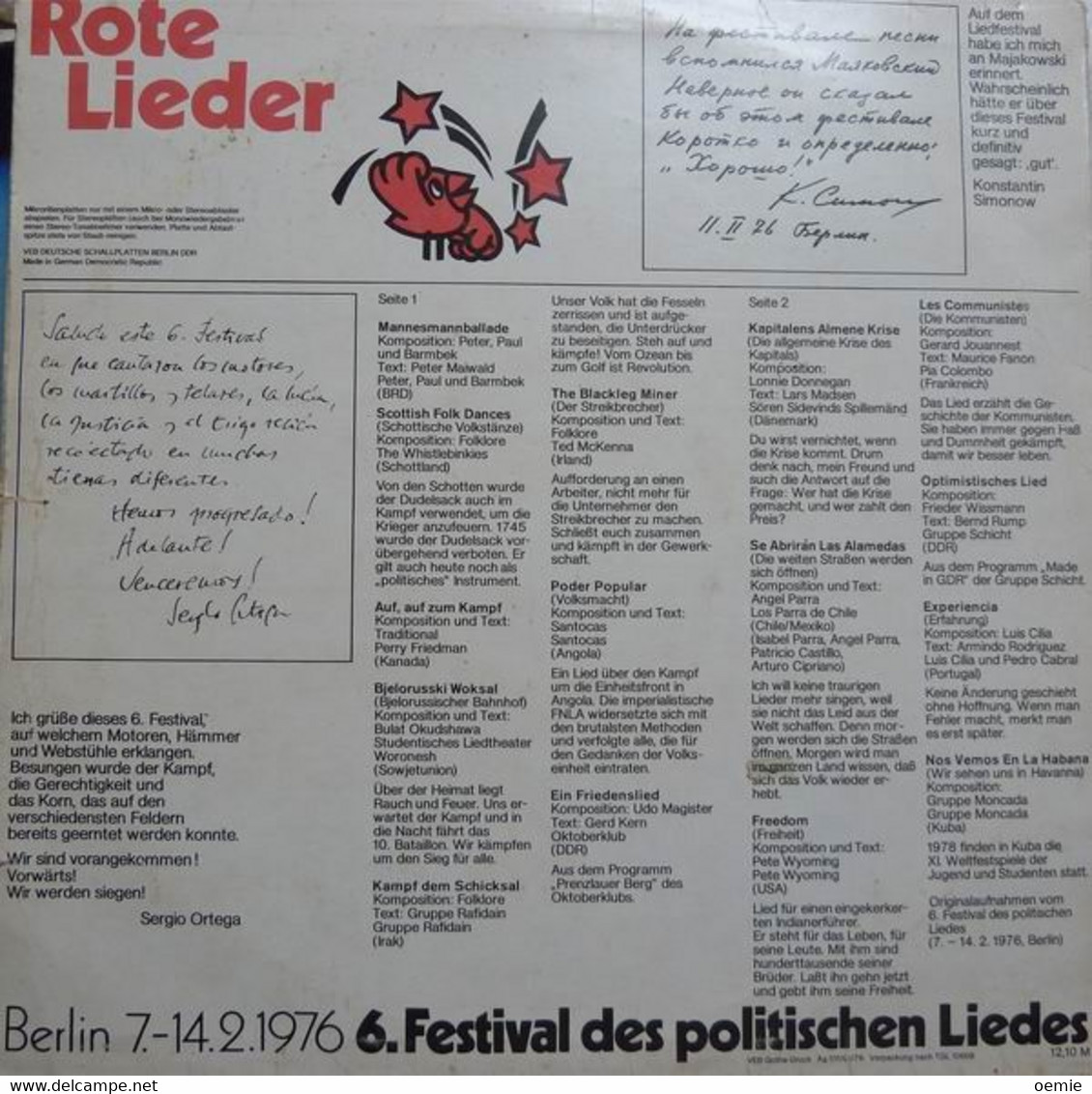 ROTE  LIEDER  °  BERLIN  7 / 14 2 / 1976  °  6 FESTIVAL  DES POLITISCHEN  LIEDES - Otros - Canción Alemana