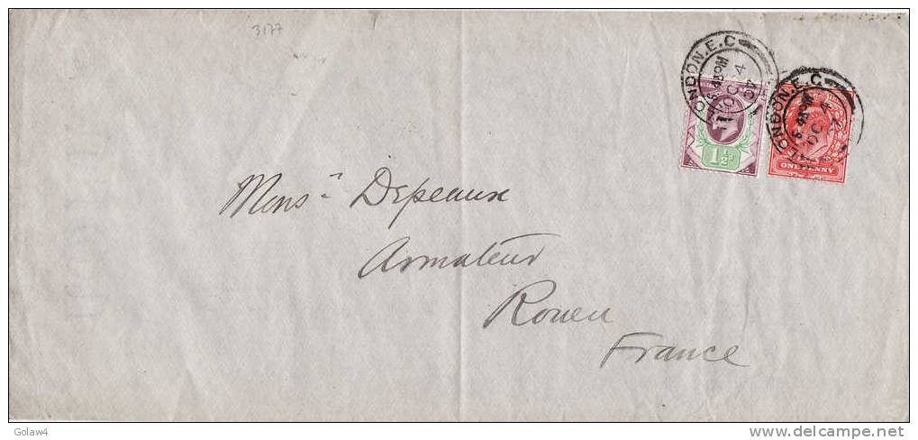 3177# 1 1/2 D + 1 D EDWARD VII Advent Anniversary On Cover LONDON E. C. 1907 => ROUEN SEINE MARITIME FRANCE - Lettres & Documents