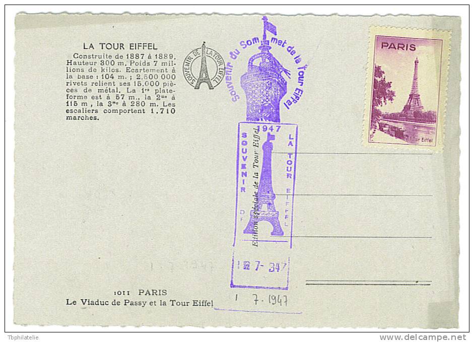 VEND BELLE PHOTO - CP , TOUR EIFFEL + VIGNETTE , 1 JUILLET 1947 (a) , FRAIS DE PORT : 1,5 EURO - Photos
