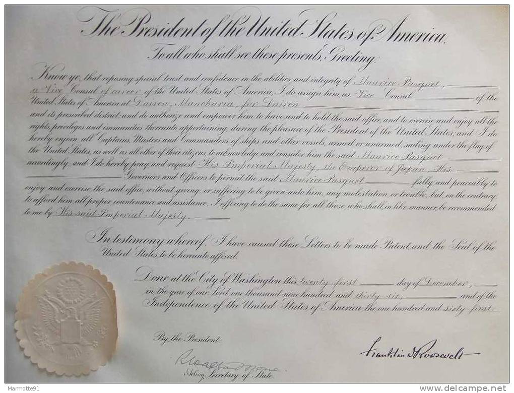 DIPLOME PRESIDENT USA VICE CONSUL MANDCHOURIE 1936 EMPEREUR JAPON LETTRE ACCREDITATION ROOSEVELT - Documents Historiques