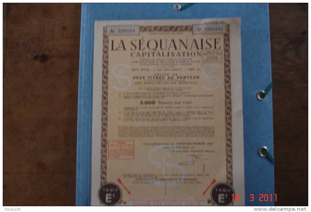 Titre Au Porteur De La Séquanaise à Versement Périodique,5000 FrsParis 26/02/1947 - Bank & Versicherung