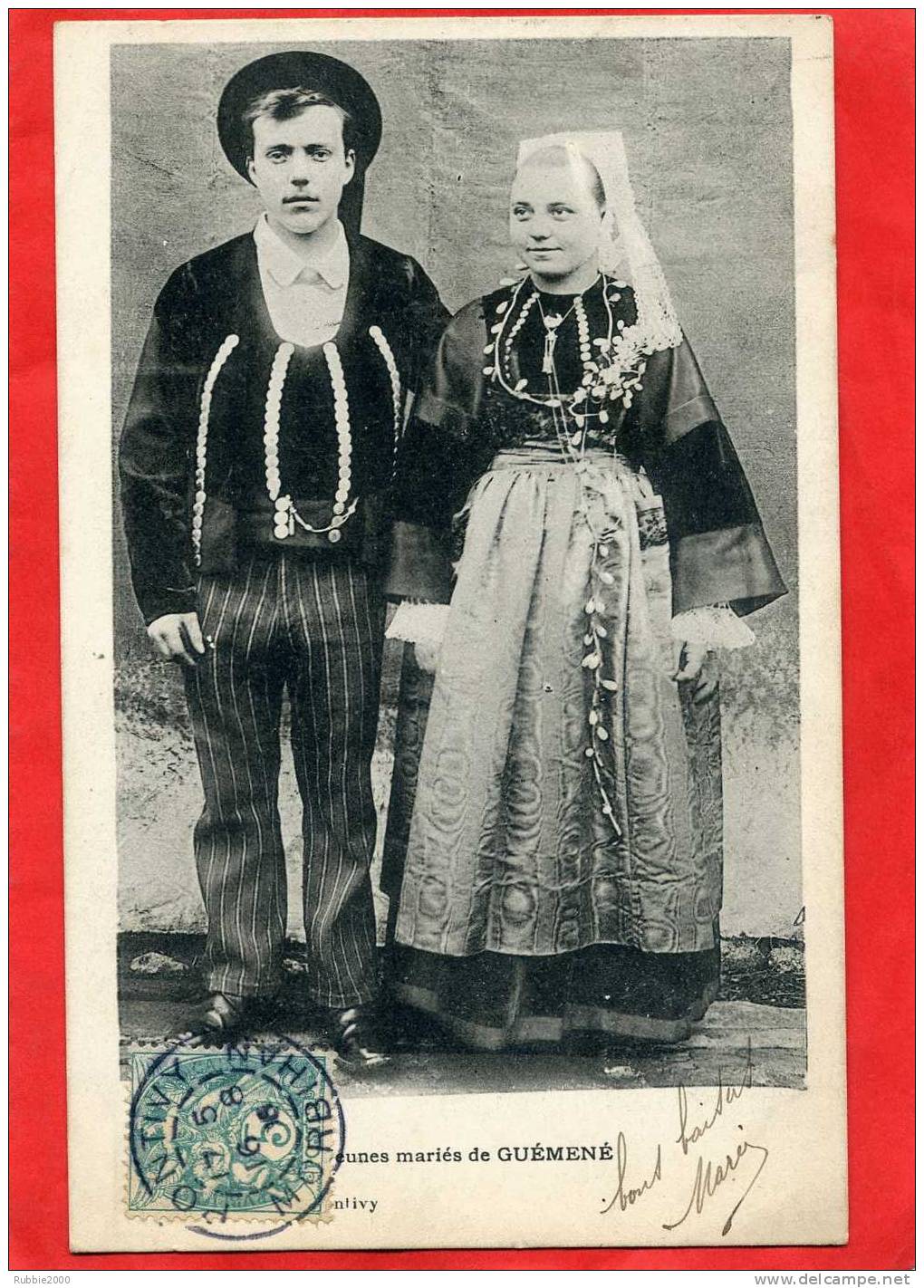 GUEMENE 1906 JEUNES MARIES COSTUME FOLKLORIQUE COIFFE CARTE PRECURSEUR EN BON ETAT - Guemene Sur Scorff