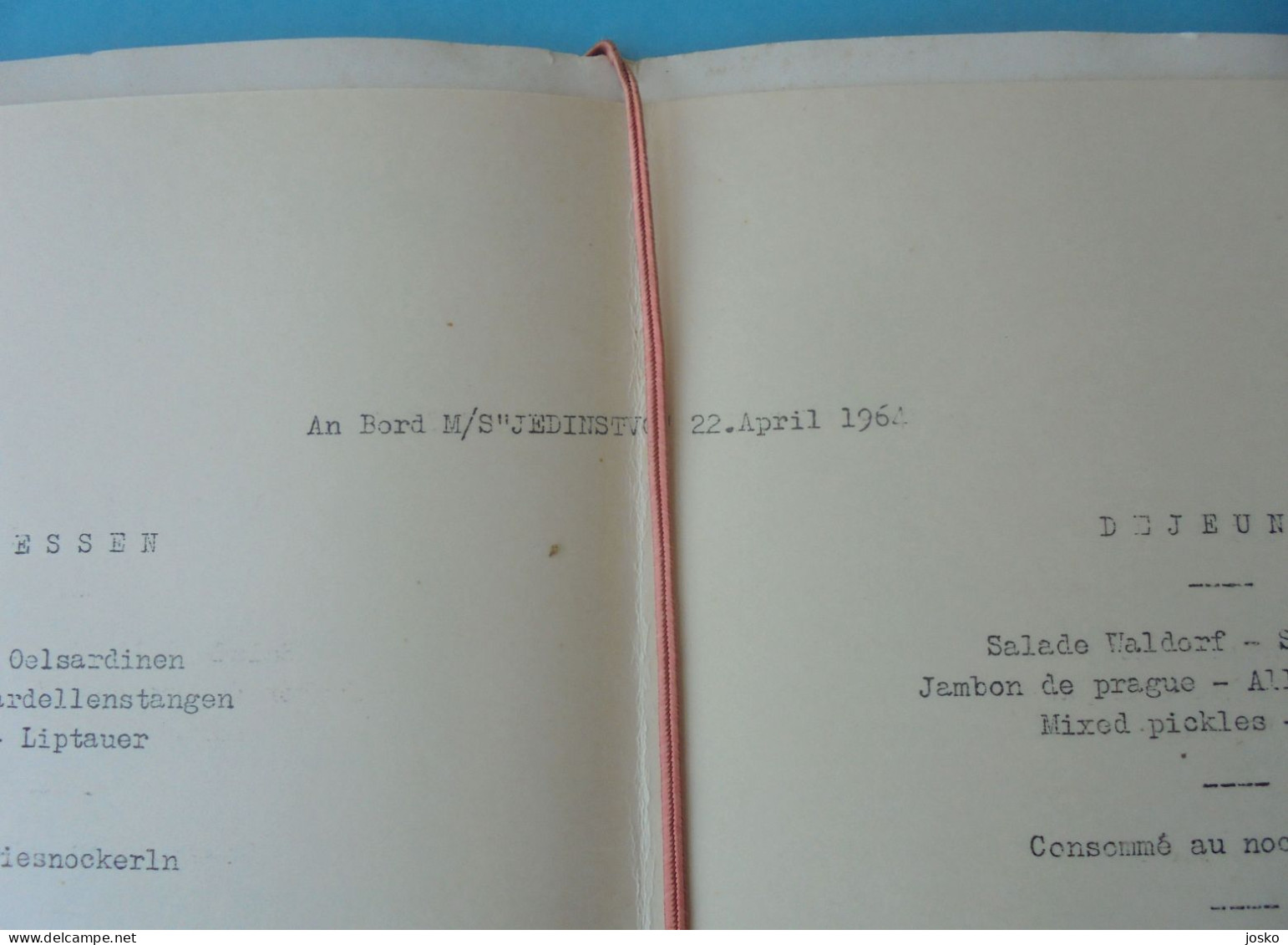 JADROLINIJA Rijeka - Croatia Shipping Company * OLD MENU 1964. * Ship M/s JEDINSTVO * Croatie Kroatien Croazia - Andere & Zonder Classificatie