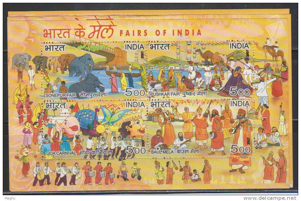 Error, Freaks, EFO, 3 Diff., Miniature Size, MS Fairs Of India 2007, Elephant, Butterfly, Music, Cycling, Fish, India - Abarten Und Kuriositäten