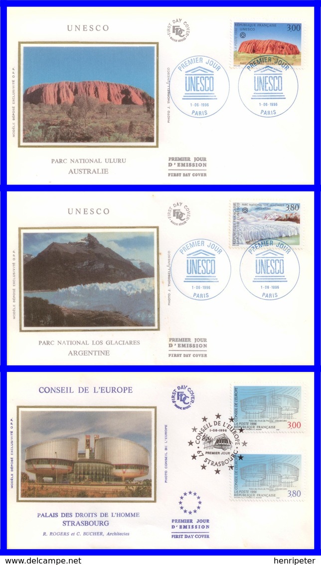 Service 114-115-116+117 Sur 3 FDC Illustrées Sur Soie (GF-PJ) - U.N.E.S.C.O. Conseil De L'Europe - France 1996 - 1990-1999