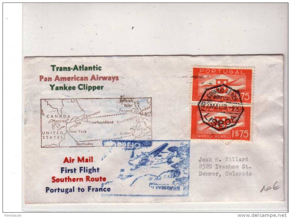 PORTUGAL - 1939 - LETTRE PAR AVION (VOL TRANSATLANTIQUE VIA MARSEILLE) De LISBONNE Pour DENVER (COLORADO) - Covers & Documents