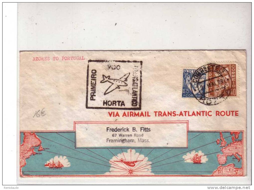 PORTUGAL - 1939 - LETTRE PAR AVION (VOL TRANSATLANTIQUE VIA NEW YORK) De HORTA (ACORES) Pour FRAMINGHAM (MASS.) - Cartas & Documentos